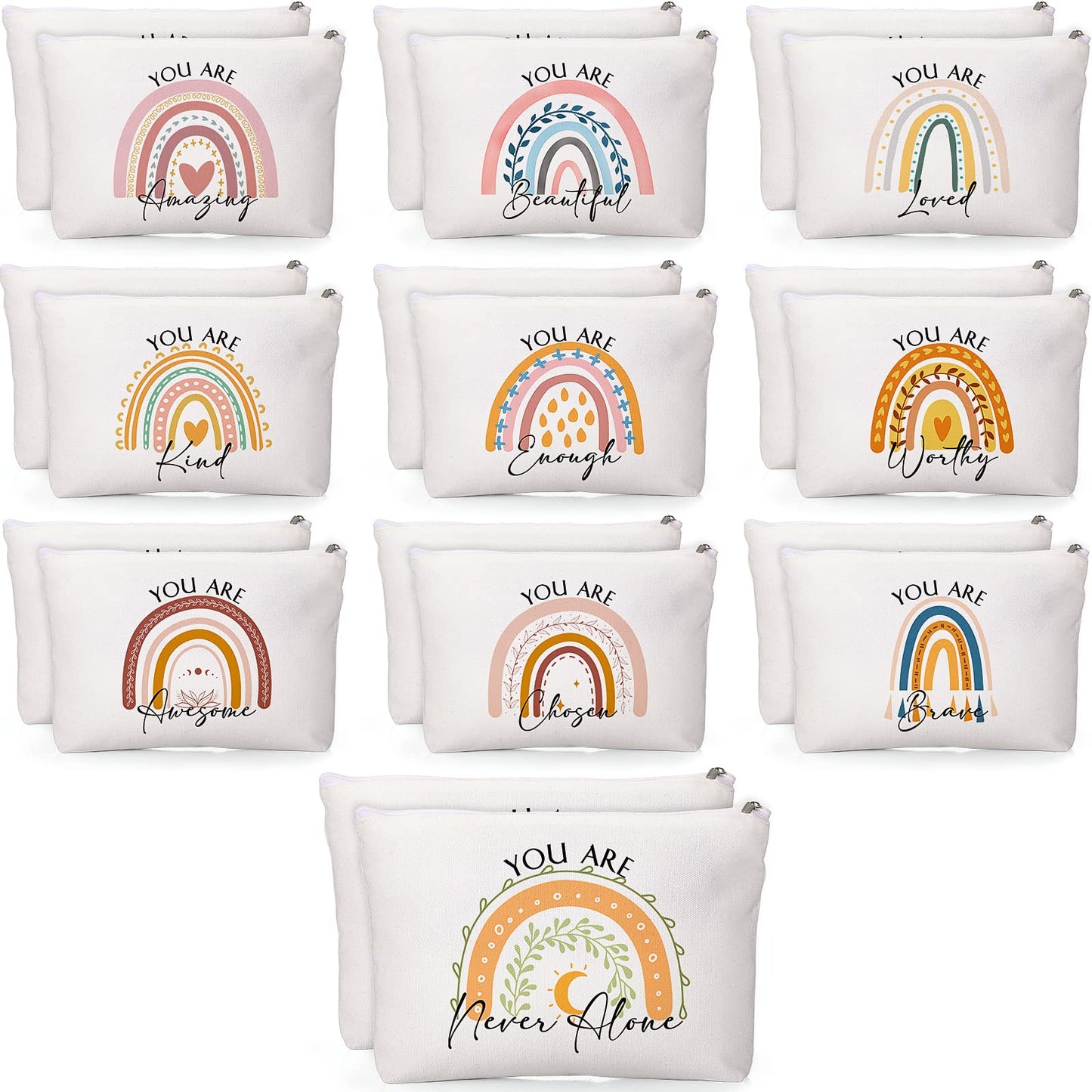Coume 40 Pcs Teacher Appreciation Gifts Nurses Rainbow Canvas Makeup Bags Bulk Inspirational Quotes Gifts for Women with Zipper for Employee Coworker Staff Group Office