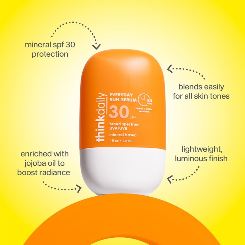 Thinkdaily SPF 30 Sunscreen - Hydrating Mineral Face Serum with Zinc Oxide, Aloe Vera & Jojoba Oil | 1 Fl Oz