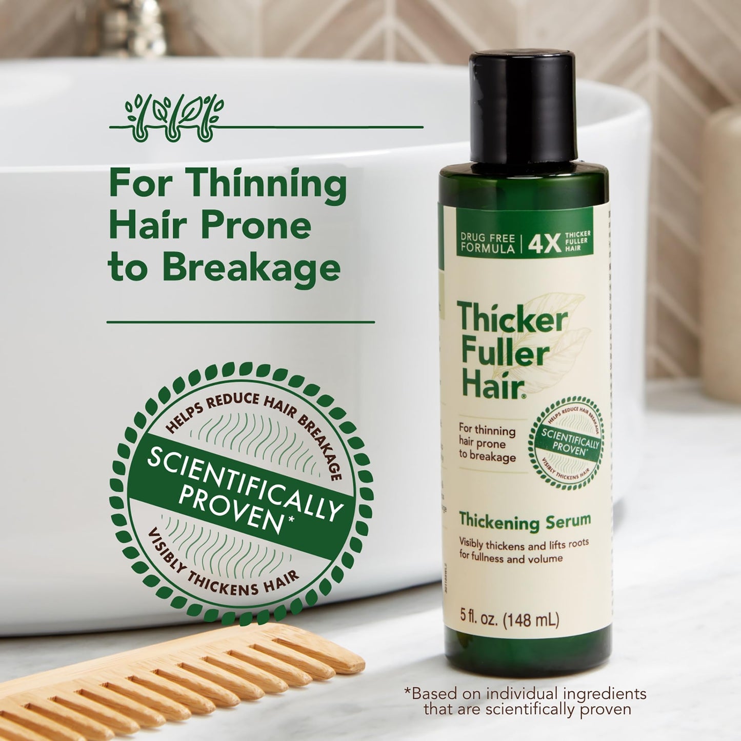Thicker Fuller Hair Thickening Serum - Thinning Hair Treatment - Hair Volumizer Serum with Natural Ingredients - Fights Breakage - 4 pc
