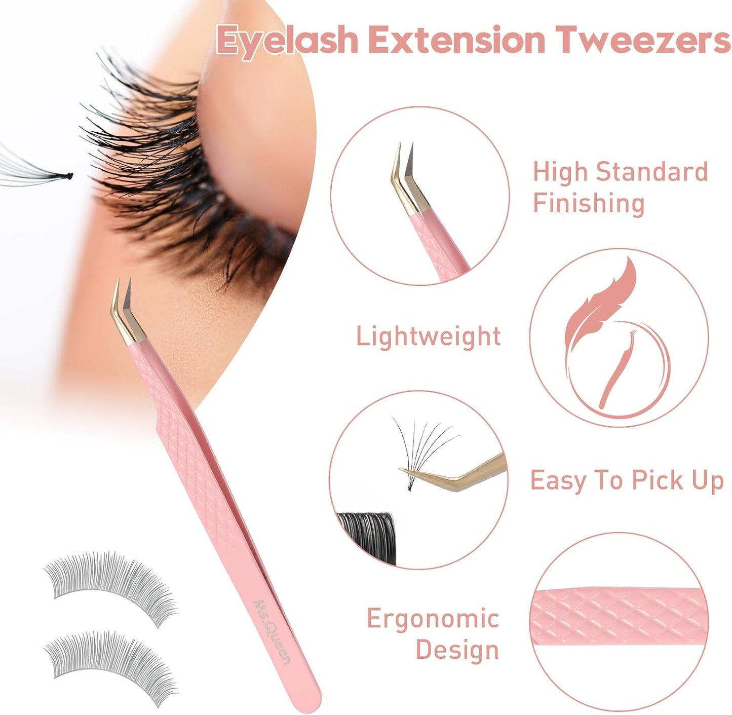 Eyelash Extension Tweezers Set - 5 Pcs Fiber Tip Grip Isolation & 45/90 Degree Volume Tweezers