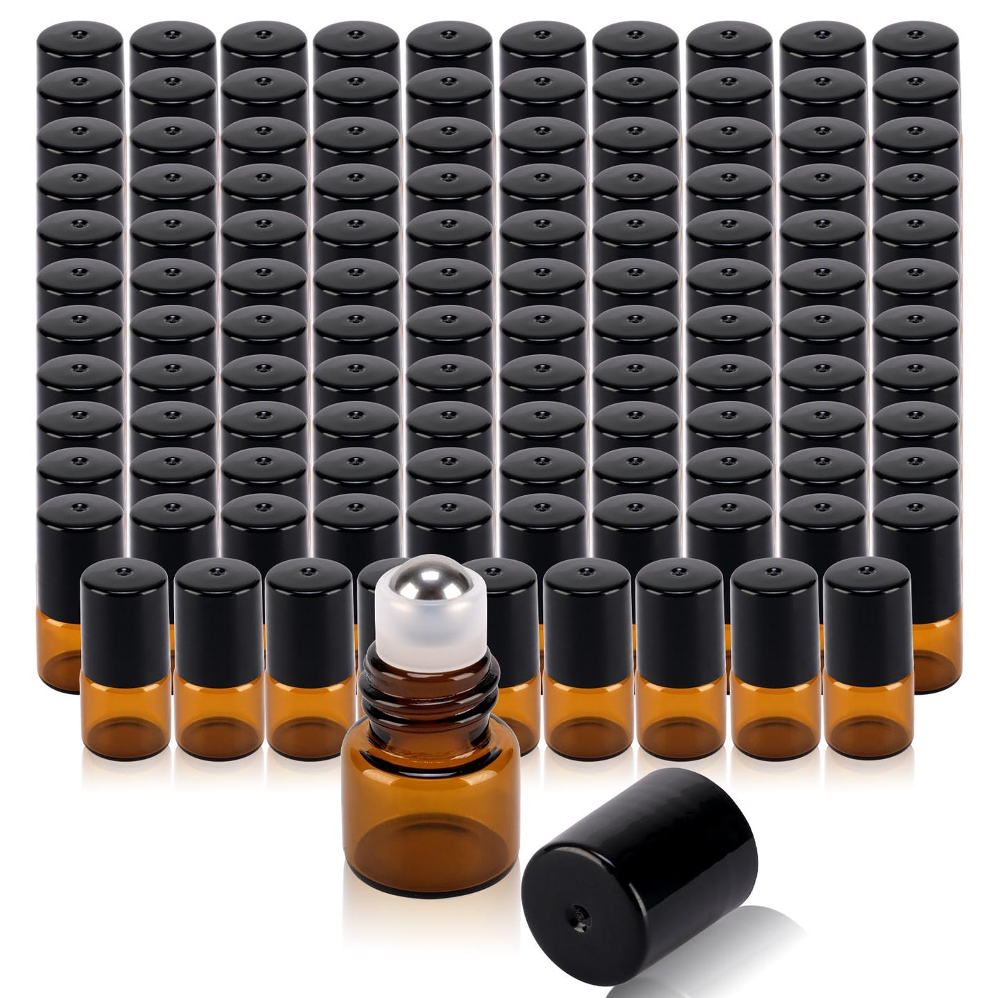 RAMFIYN 120 pack 1ml Amber Glass Roller Bottles for Essential Oils Refillable Roll-on Applicator with Stainless Steel Roller Balls Mini Leak-proof Makeup Containers with Pipettes and Bottle Opener