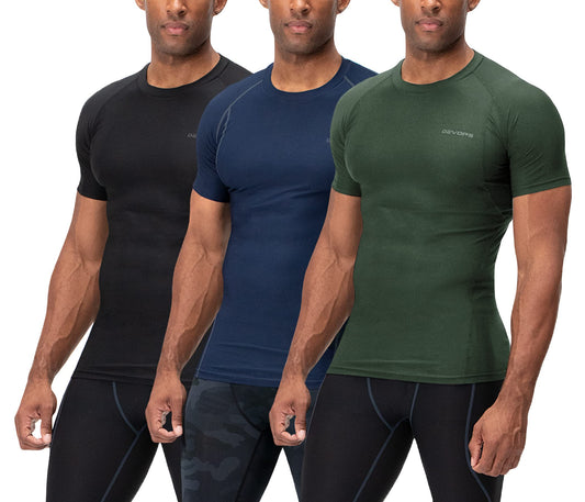 DEVOPS 3 Pack Men's Cool Dry Short Sleeve Compression Shirts, Sports Baselayer T-Shirts Tops, Athletic Workout Shirt (Large, Black/Navy/Olive)