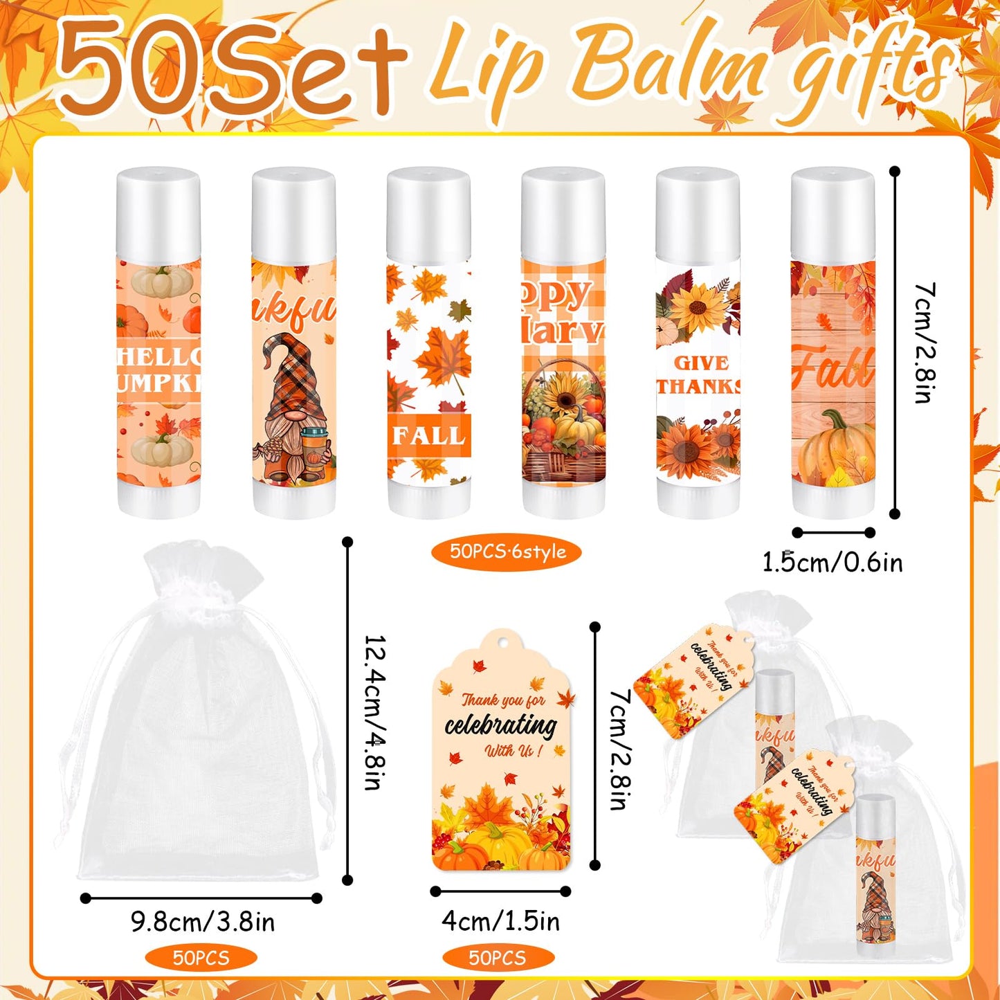 QAUYETM 50 Set Fall Gifts Lip Balms Bulk Fall Party Favors 6 Assorted Flavors with 50 Organza Bags and Cards Autumn Pumpkin Maple Leaf Chapstick Thanksgiving Gifts for Women Men Coworkers Guest