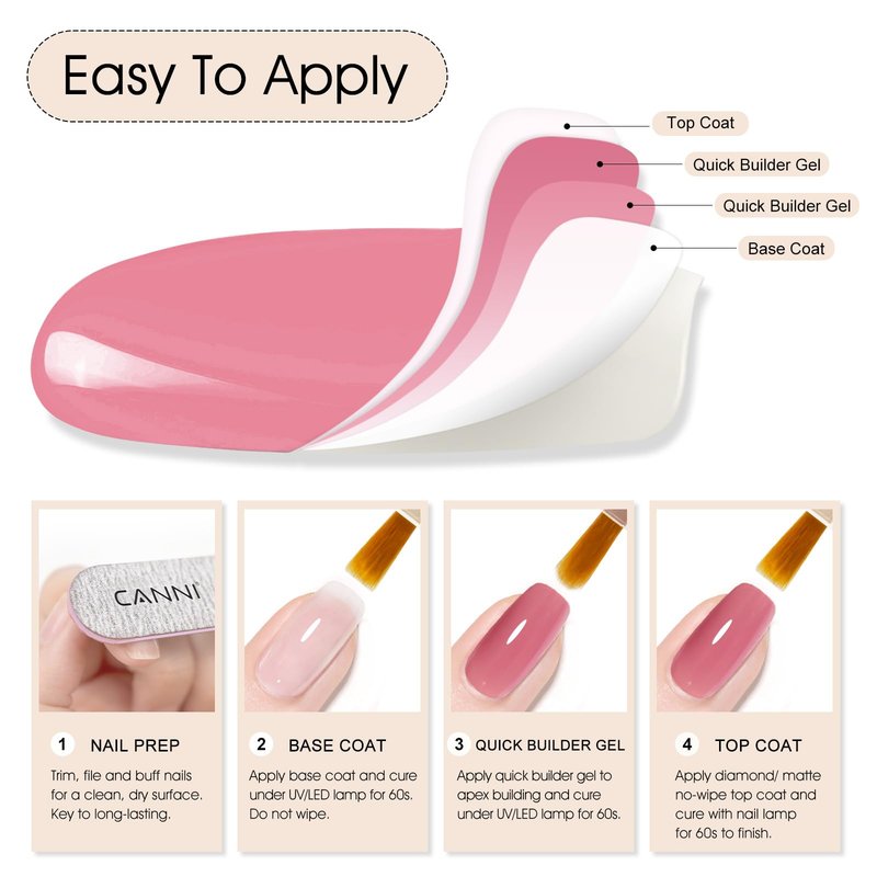 CANNI Quick Builder Nail Gel For Nails Set – 6 Colors 9ML Nude Soft Peach Pink, Soak Off UV LED Nail Extensions & Strengthening, Self-Leveling Builder Gel for DIY Manicure & Salon Use Women