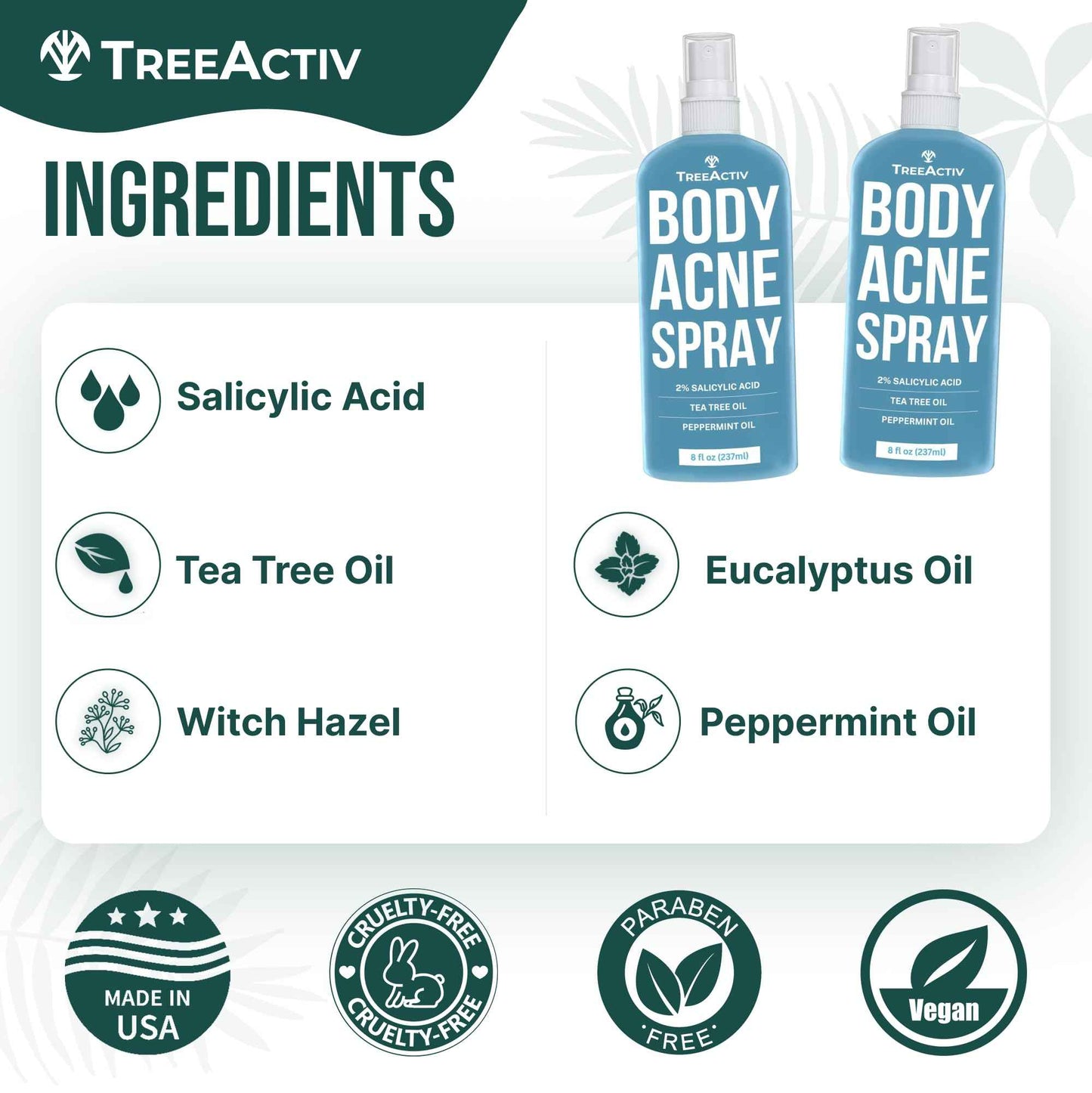 TreeActiv Body & Back Acne Treatment Original Formula, 8 fl oz, 2% Salicylic Acid, Cystic & Body Acne Spray for Chest, Shoulders & More, Bacne Treatment for Teens & Adults