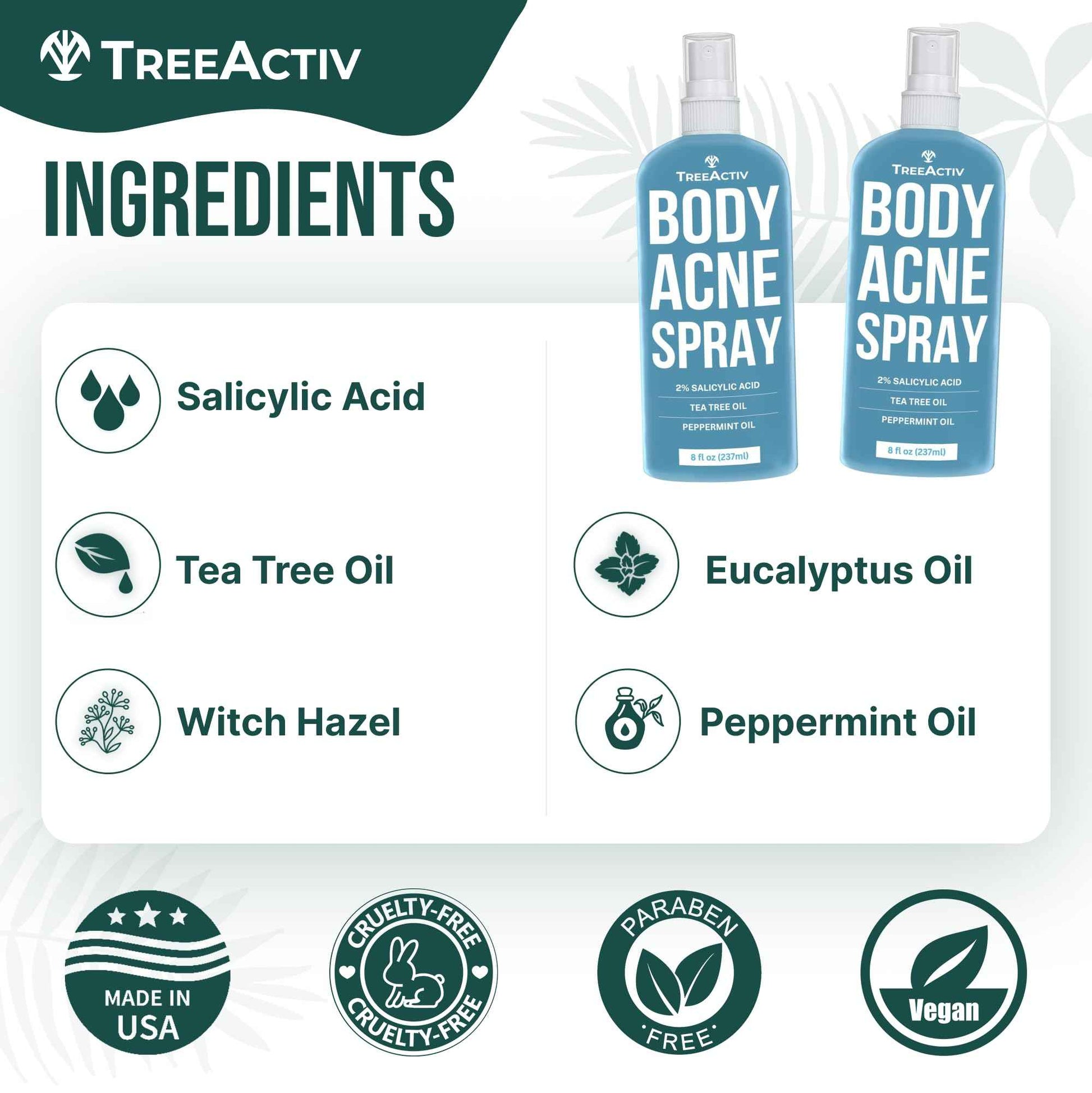 TreeActiv Body & Back Acne Treatment Original Formula, 8 fl oz, 2% Salicylic Acid, Cystic & Body Acne Spray for Chest, Shoulders & More, Bacne Treatment for Teens & Adults
