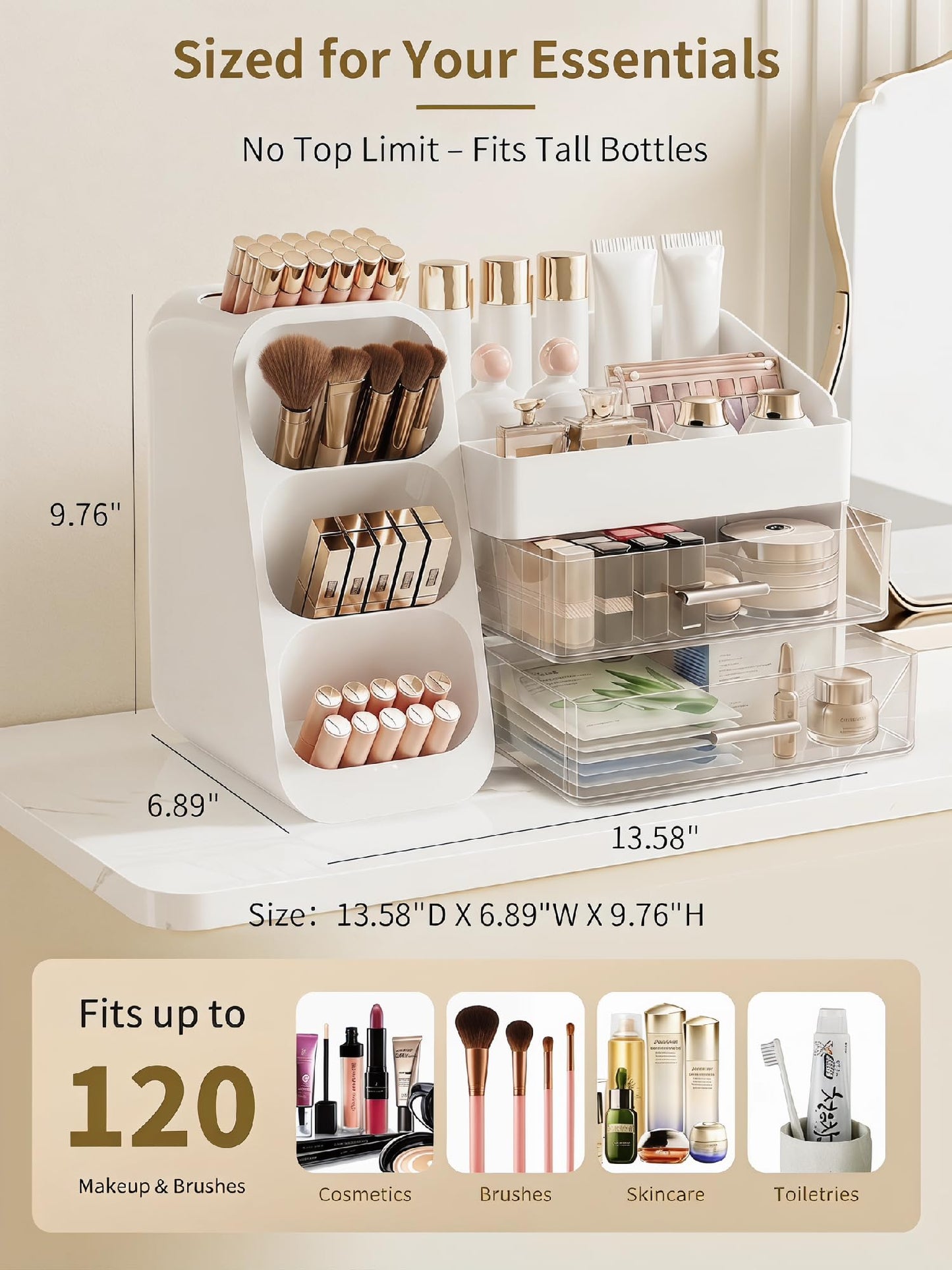 Booklov Makeup Organizer for Vanity, Large Capacity Cosmetic Display Case with Clear Acrylic Drawer, Countertop Beauty Storage Holder for Skincare, Brush Eyeshadow Lipstick Counter Desk, Crystal White