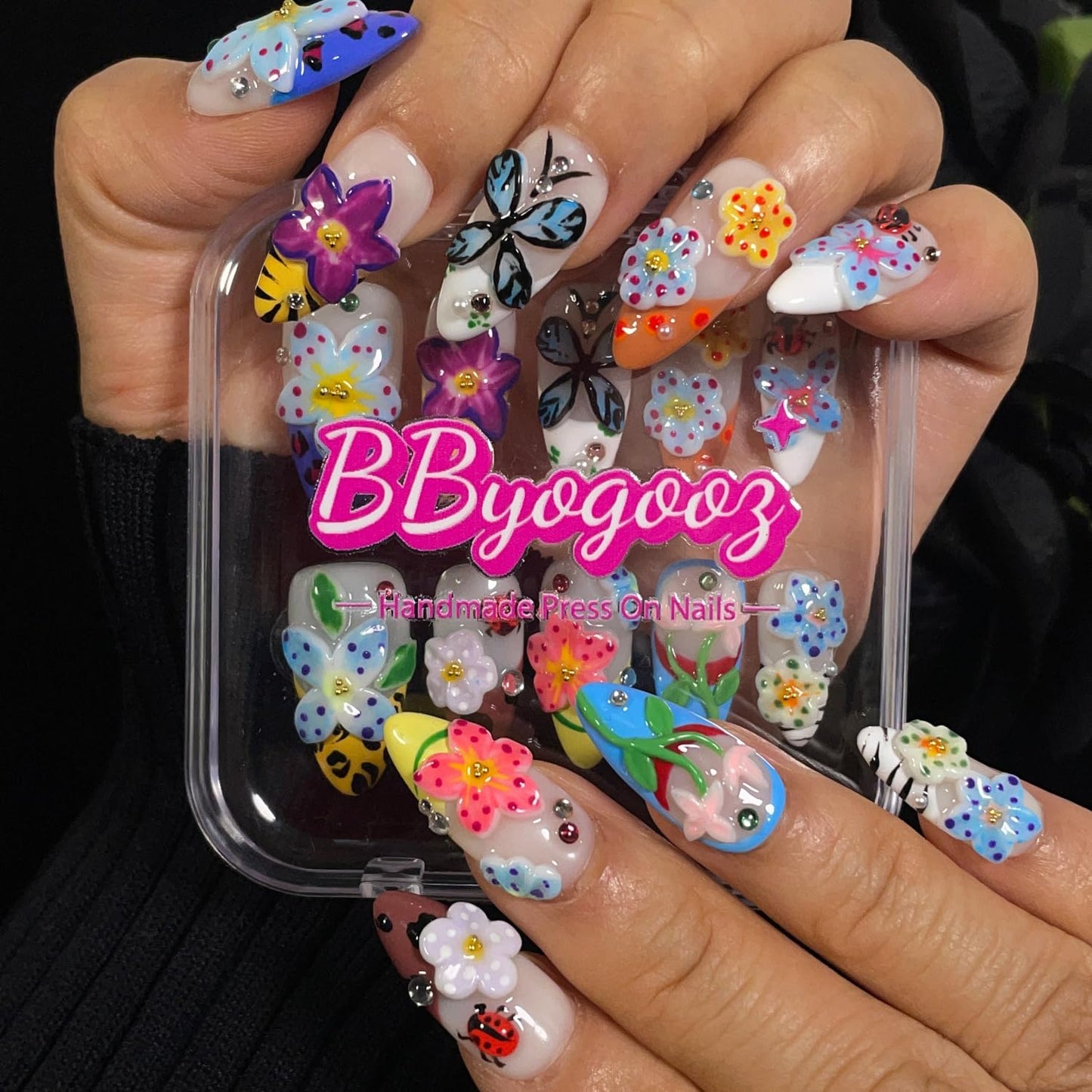 Handmade Press On Nails 3D Floral & Butterfly with Red Ladybug Fake Nails Medium Almond Acrylic Nail Tips Luxury Enchanted Garden Stick on False Nails Dreamy Nails (Garden, M)