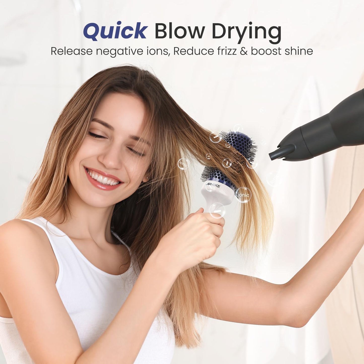AIMIKE Nano Ionic Tech Large Round Brush, Ceramic Brush for Blow Drying, Styling and Boosting Volume, Natural Wood Handle - 2 Inch/52mm