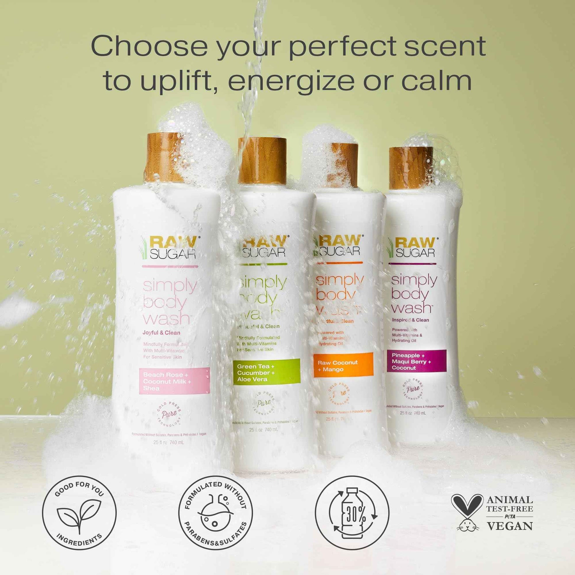 RAW SUGAR Sensitive Skin Simply Body Wash - Green Tea + Cucumber + Aloe Vera, Moisturizing & Brightening Bath & Shower Gel, Sulfate-Free, Paraben-Free & Vegan (Pack of 3)