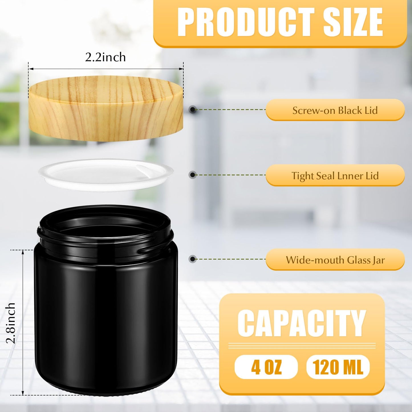 Norme 24 Pcs Glass Jars with Lids Empty Small Glass Containers and Inner Liners Reusable Cosmetic Jars Round Airtight Bottles with Plastic Woodgrain Lids for Storing Lotion (4 oz,Black)