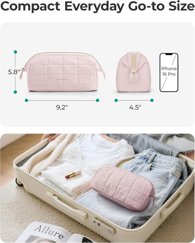 Makeup Bag - Travel Toiletry Organizer for Women | Padded Checkered Khaki Case with Wide-Open Design