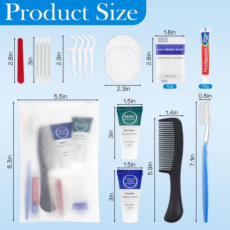 Toiletry Kits Travel Essentials Disposable Hygiene in Bulk, Trial Size Toiletries Supplies Individually Wrapped Traveling Personal Care Items, for Camping, Hotel, Homeless, Charity, 8-in-1 (20-Pack)