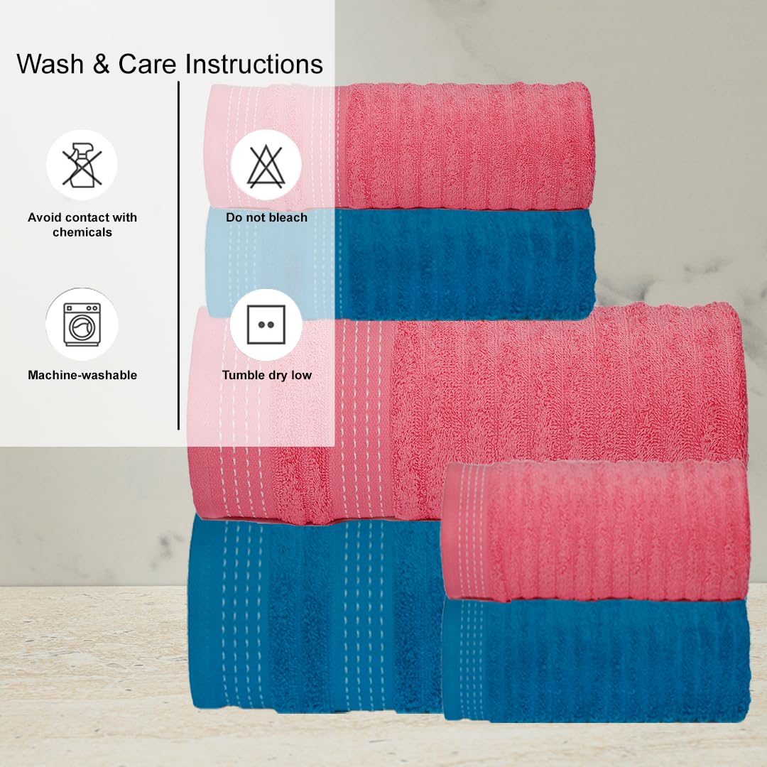 CASA COPENHAGEN Elegance Collection Towels 550 GSM 2 Bath Towel 2 Hand Towel 2 Washcloths, Super Soft Egyptian Cotton 6 Towels Set for Bathroom, Kitchen & Shower - Teal + Pink
