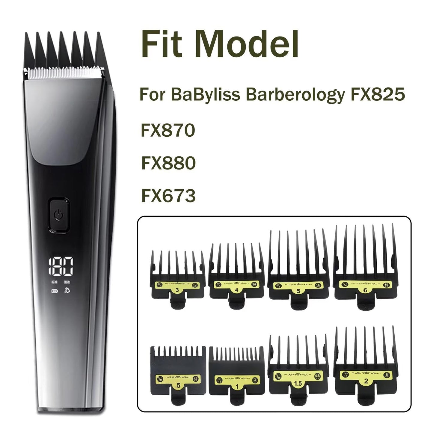 Zafina-UP Clipper Guide Combs Set, 8pcs Hair Clipper Guards (1/16, 1/8, 3/16, 1/4, 3/8, 1/2, 5/8, 3/4 inch), Trimmer Guards Compatible with BaBylissPRO Barberology FX870, FX880, FX825, FX673