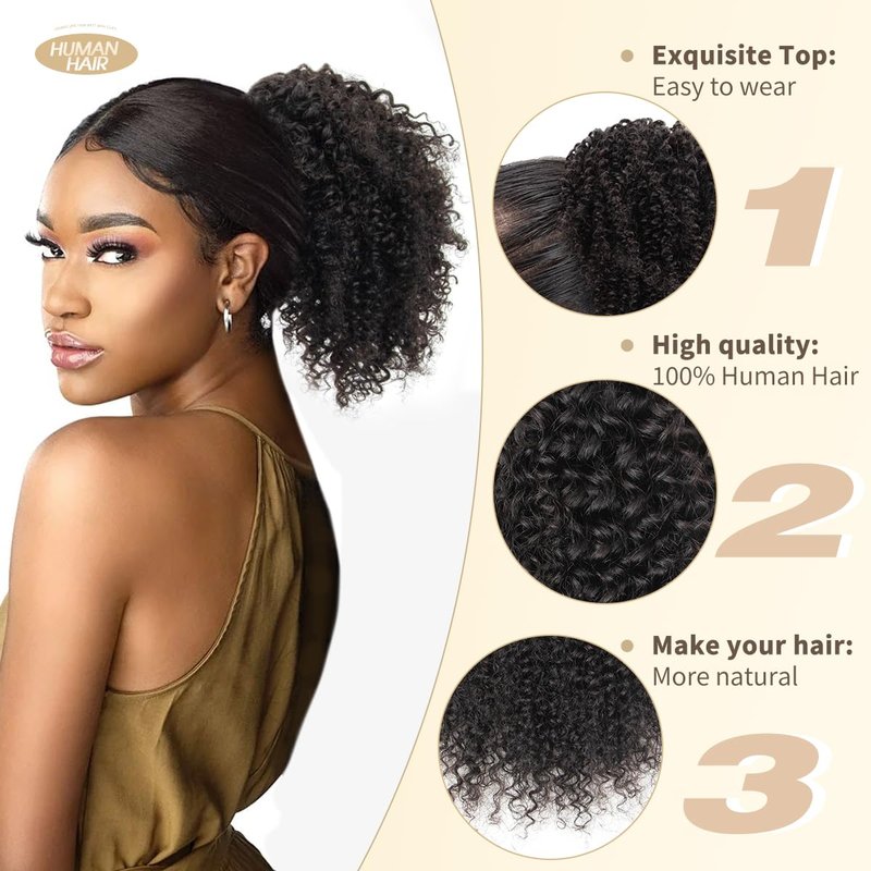 Drawstring Ponytail Human Hair - 4C Kinky Curly Extension for Black Women | 8 Inch Natural Volume & Length