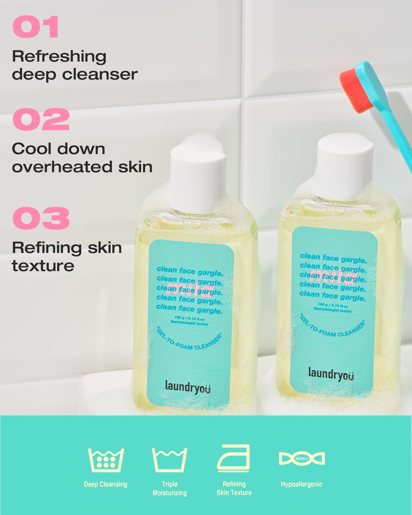 LAUNDRYOU Gel-to-Foam Gentle Facial Cleanser Mild | Hydrating PHA Cleanser with Probiotics | Gentle Face Wash for Oily & Acne-Prone Skin | Korean Skin Care (5.64 fl oz)