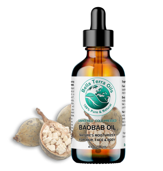 Bella Terra Oils - Baobab Oil 4 oz - Dive into The Essence of African Treasure, Abundant in Antioxidants, Best for Achieving a Silky Skin Glow