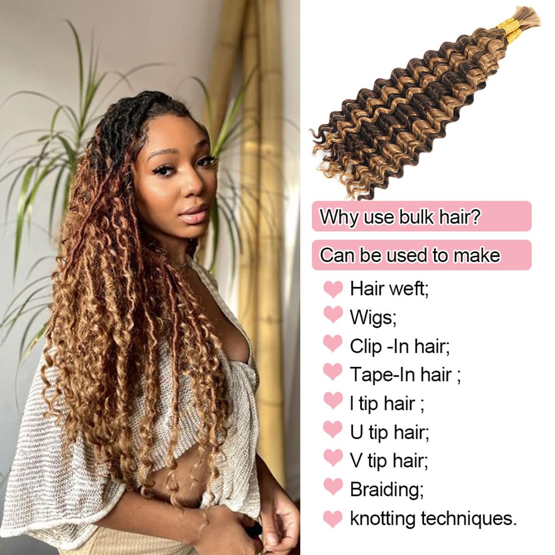 Deep Wave Bulk Bundles Human Hair for Braiding Crochet Hair for Bohemian Box Braids DSEKCAIN Highlight 100 Grams (2 of 50g)16 inch P4/27#