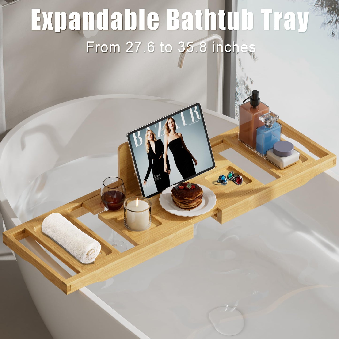 Bathtub Tray Caddy,Premium Bamboo Expandable Bath Tub Trays Table, Foldable Bathroom Accessories,Great House Warming, Anniversary and Birthday Gifts,Natural