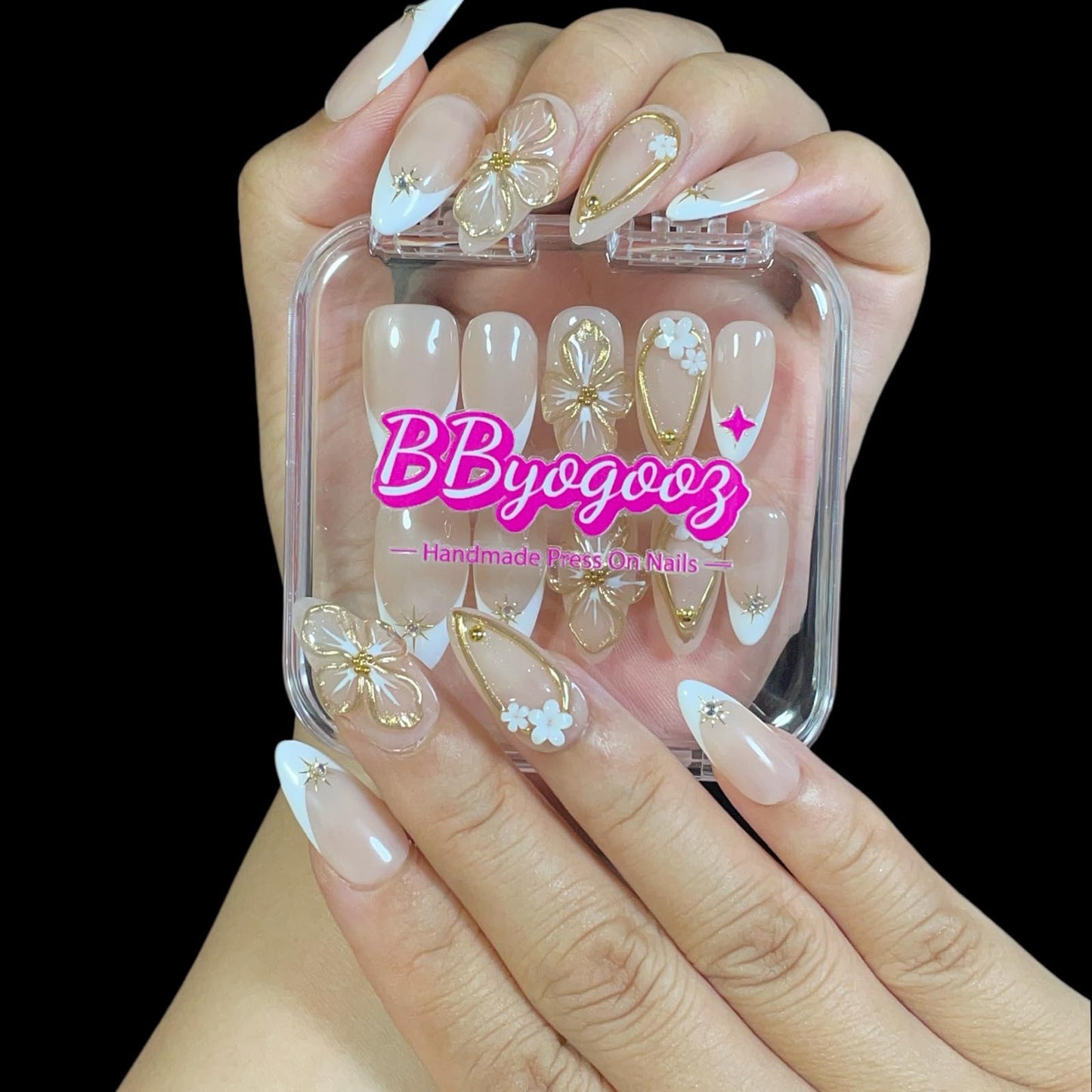 Handmade Press On Nails Medium Almond Shape White French 3D Floral & Star Design with Gold Accents | Elegant Fake Nails Reusable Acrylic Nail Tips with Crystals & Soft Beige Base (Elegant White, S)