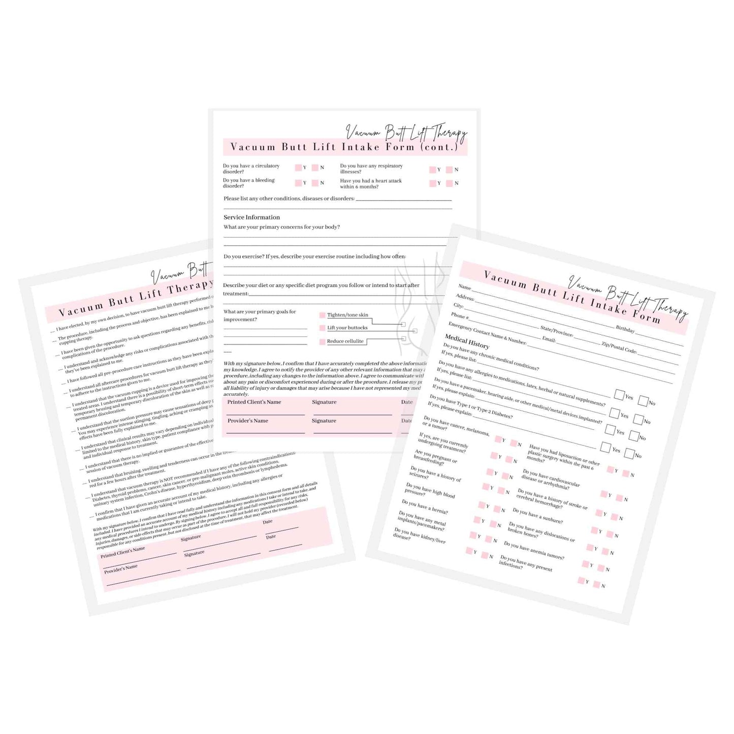 Vacuum Butt Lift Therapy Intake, Consent, and Aftercare Form | 75 Pack | 8.5x11" inch Paper Size Form | Eyelash Extension Supplies | Client Signature | Butt Lift Cupping | White and Pink Design