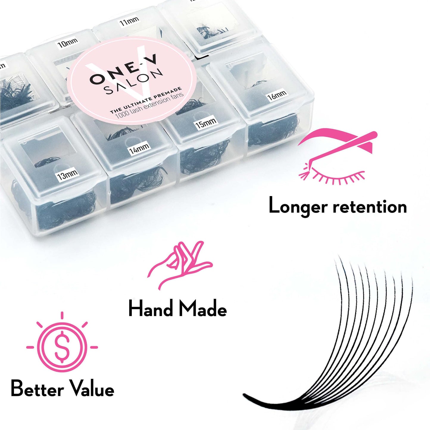 One V Salon, 1000 Loose Professional Use Premade Fans Eyelash Extensions, C Curl Volume Lashes,14D 20D 10D-0.07 Thickness, 9-16mm Fluffy Handmade Fan Mixed Tray