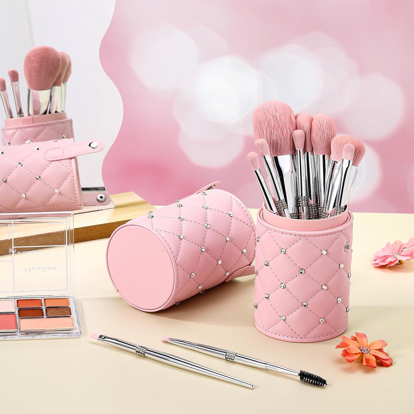 Baderke 11 Pcs Elegant Pink Soft Labeled Christmas Makeup Brushes Sets with Brush Holder Rhinestone Makeup Set with Silver Pink Foundation Powder Blush Blending Contour Brush