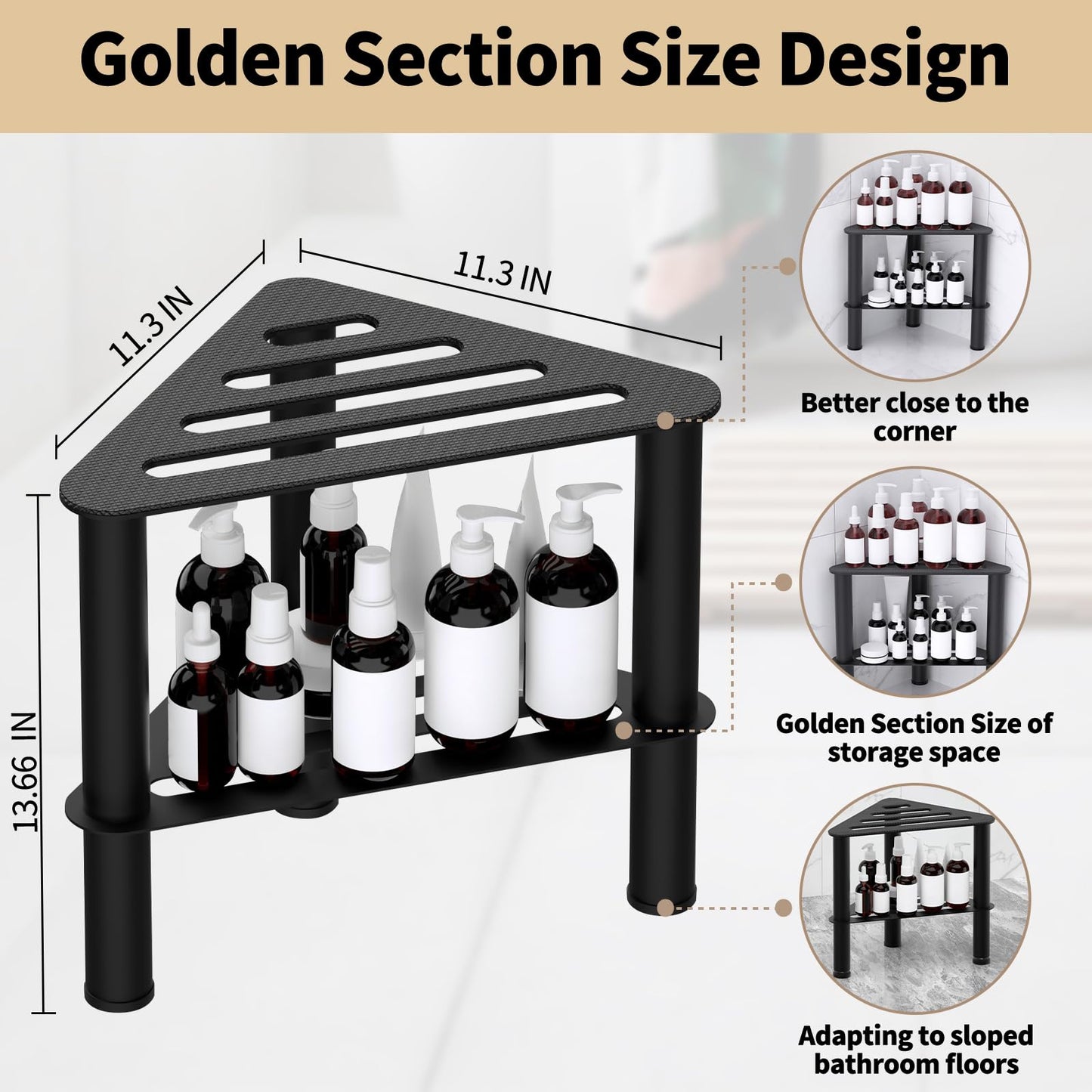 WINSTECK Upgraded Rust-Proof Metal Corner Shower Foot Stool for Shaving Legs, Shower Foot Rest Bench for Inside Shower with Storage Shelf, Small Step Stools, Non-Slip Bath Stool (Black)
