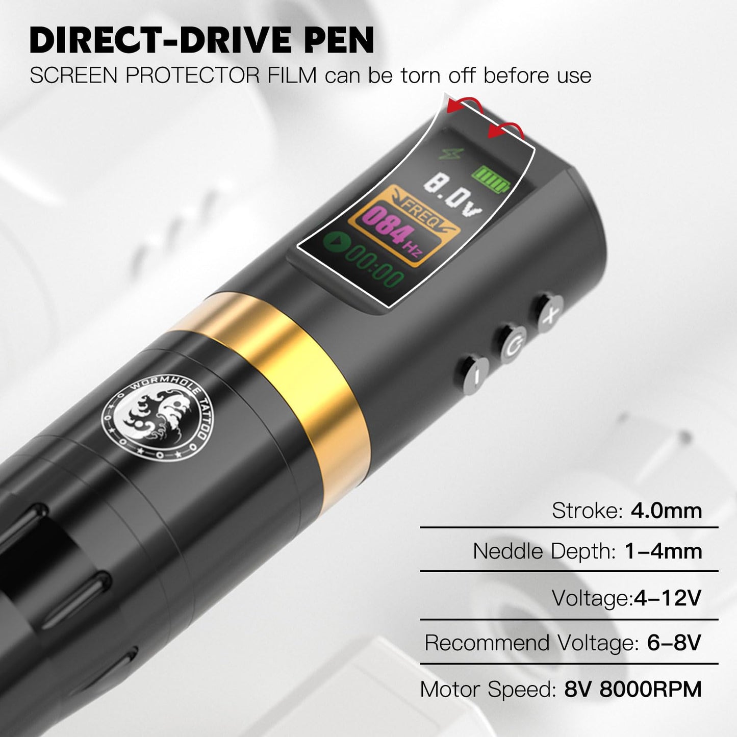 Wormhole Tattoo 58Pcs Complete Tattoo Gun Kit - Aluminum Alloy LED Smart Tattoo Pen Wireless Tattoo Machine with 1800mAh Battery for Tattoo Beginners - Black WTK313