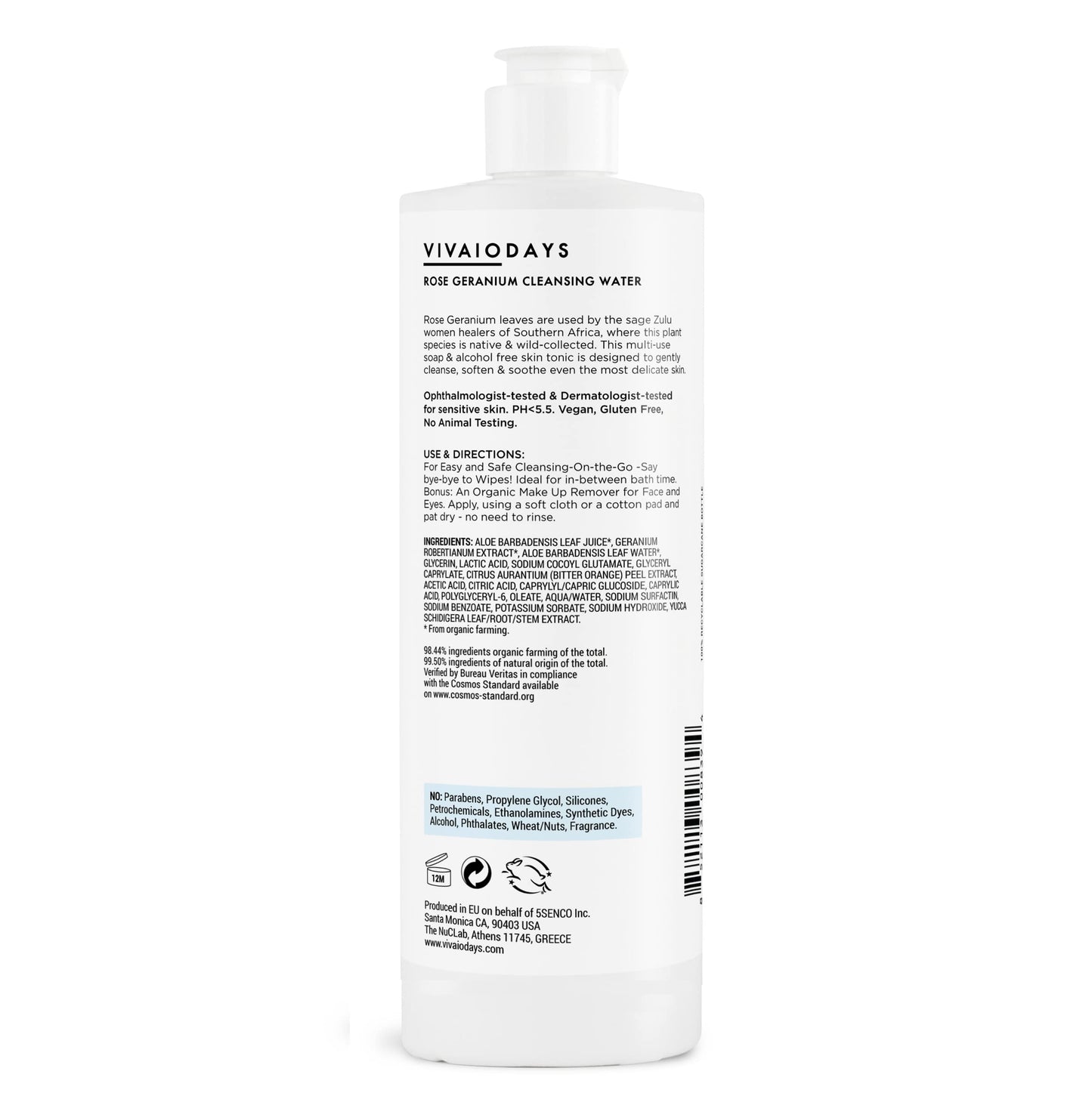 VIVAIODAYS Organic Rose Geranium Cleansing Water - Quick Clean up for Baby & Gentle Makeup Remover (15.2 oz | 450 ml Large)