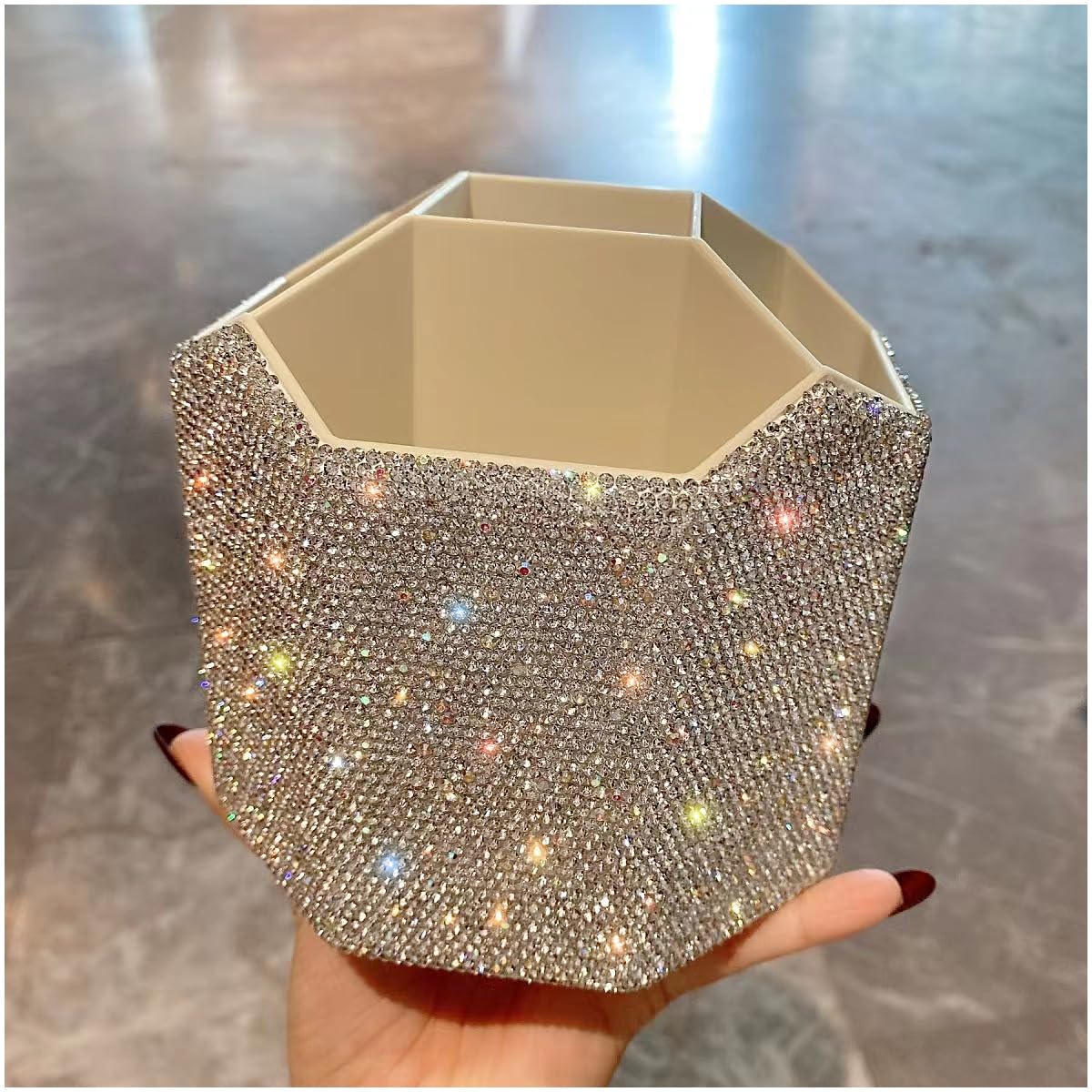 GUFONKOD Bling Design Makeup Brush Holder Organizer,360° Rotating Glitter Rhinestones Cosmetics Storage with 5 Slot Large Capacity Makeup Brushes Cup Pen Holder for Vanity,Bathroom Countertops