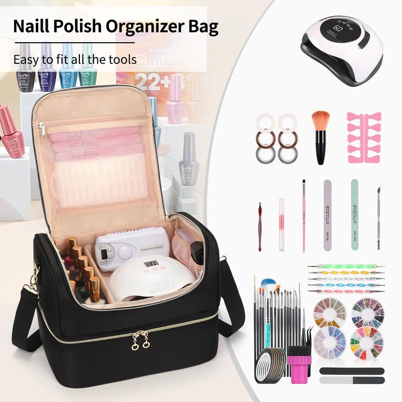 CUBETASTIC Nail Polish Organizer, Cute Nail Tech Organizers And Storage Bag Holds 45 Bottles & UV Nail Lamp, Compact Double-Layer Travel Nail Supplies Case for Nail Kit (Triangle Black, 27 Slots)