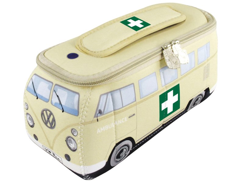 BRISA VW Collection - Volkswagen Neoprene Universal Makeup Cosmetics Toiletry Travel Pharmacy Bag in T1 Bus Design (Ambulance/Beige) (Small (9.1 x 4.3 x 3.1 inches))