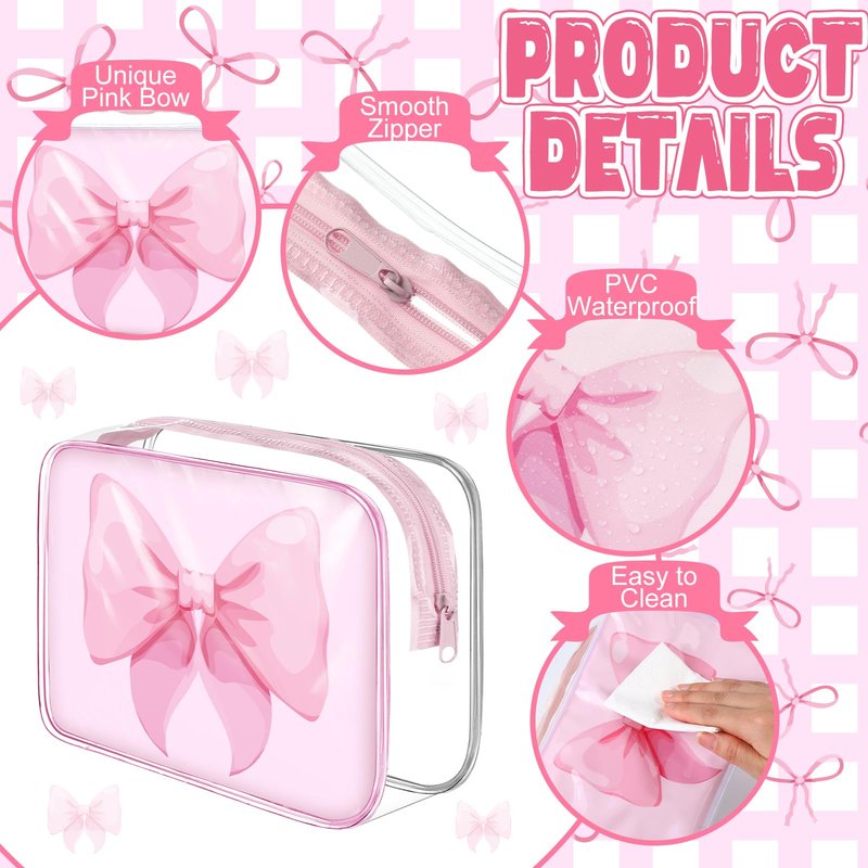 Sunnymove 12 Pcs Pink Bow Makeup Bags Bulk for Women Clear PVC Coquette Cosmetic Bag with Zipper Travel Toiletry Pouch Pink Bow Gifts for Birthday Coquette Party Favor Storage Accessories