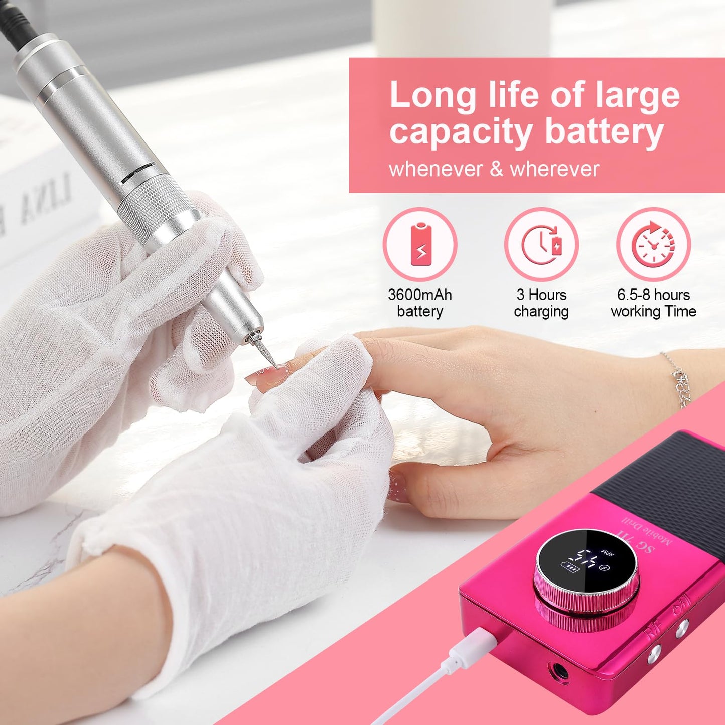 Electric 45000RPM Nail Drill Machine Rechargeable Portable Nail File Electric DIY Nail Drill Kit with Smart LCD Screen for Gel Nail Manicure and Pedicure Reflective Body etc (Pink)