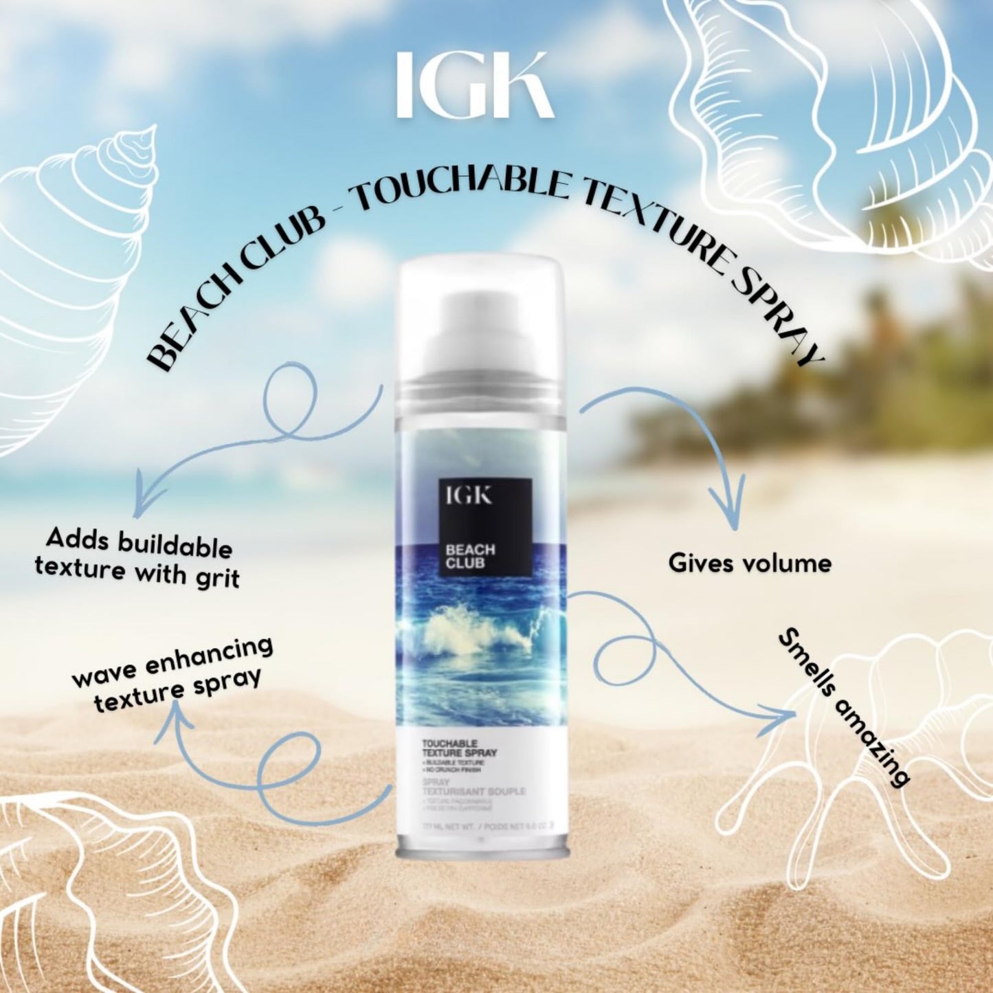 IGK BEACH CLUB Touchable Texture Spray Travel | Hold + Volume + Lightweight | Vegan + Cruelty Free | 1.7 Oz