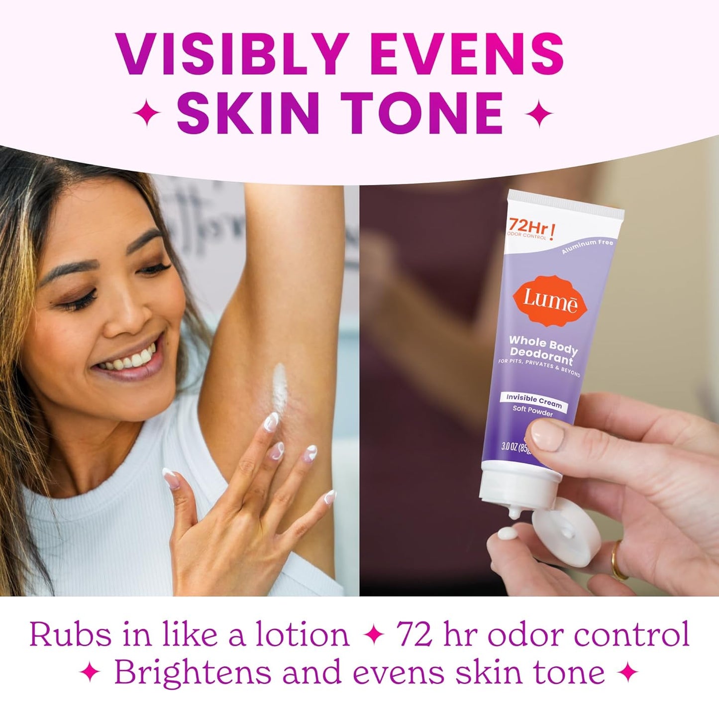 Lume Whole Body Deodorant - 72-Hour Odor Control Cream | Aluminum-Free, Skin Safe - 3 Pack (Toasted Coconut, Soft Powder, Clean Tangerine)