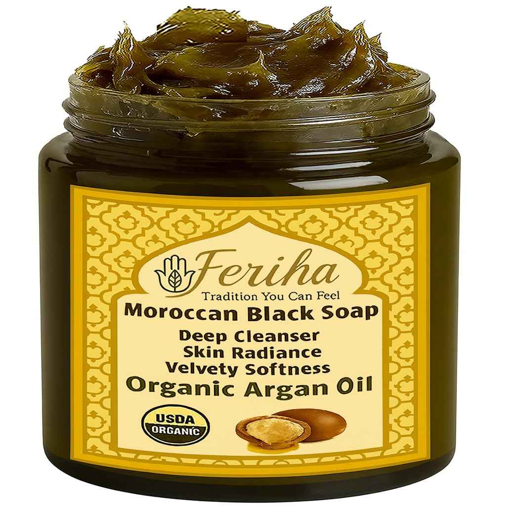 FERIHA Premium Moroccan Black Soap with Organic Argan Oil, 100% Authentic, Artisan Beldi Soap - Sourced, Crafted & Packed in Morocco - Traditional Hammam Formula