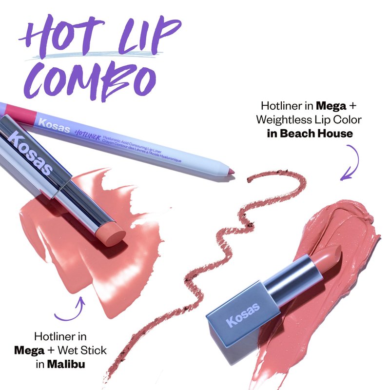 Kosas Hotliner Retractable Lip Liner Pencil with Built-In Brush & Sharpener - Easy Contouring, Hydrating, Long-Lasting - Pigmented Creamy Texture for Plumping Lips - Hyaluronic Acid & Konjac - Mega