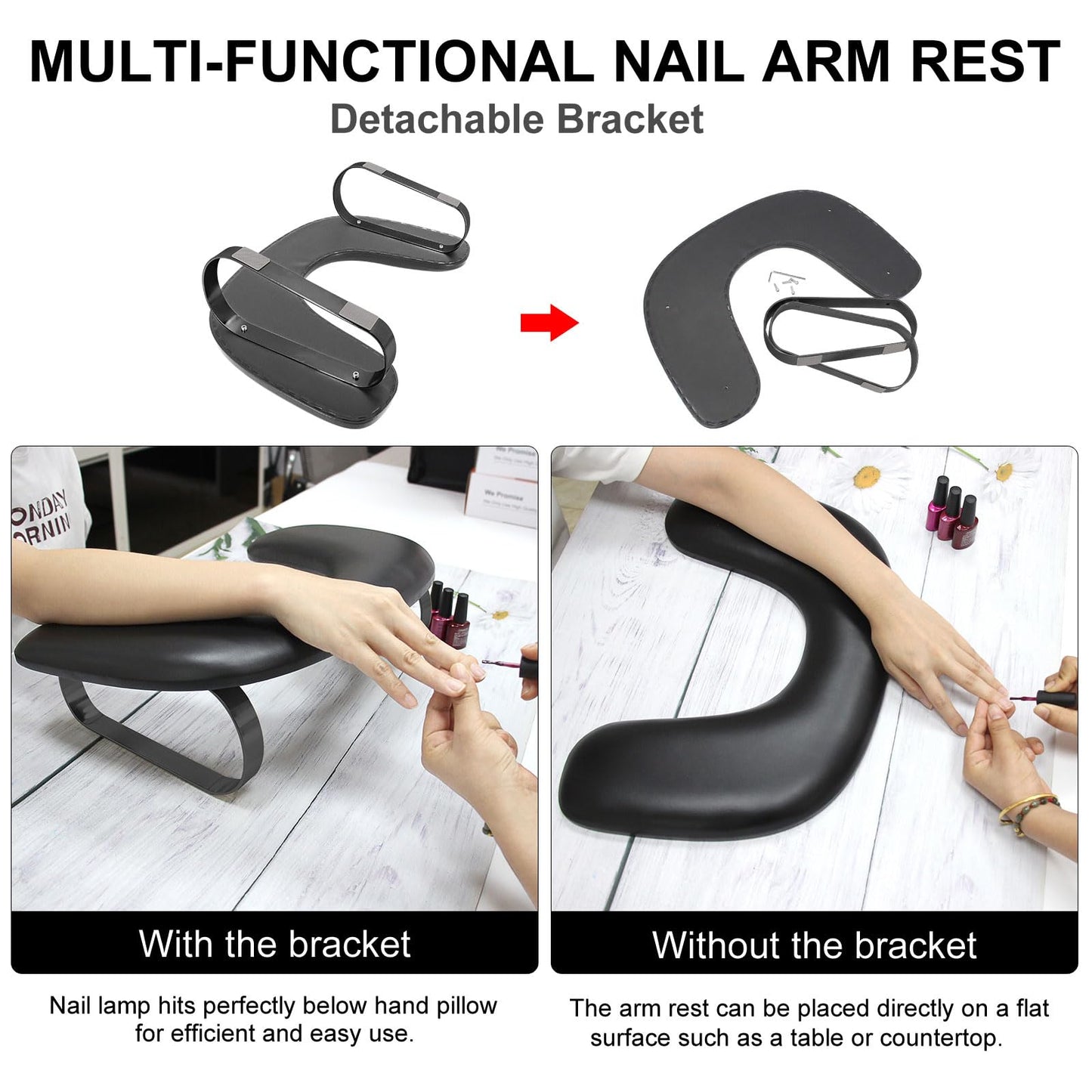 Manicure Arm Rest for Nails Tech,U Shaped Nail Arm Rest Stand,Soft PU Leather Manicure Hand Rest Holder Cushion with Detachable Bracket,Acrylic Nail Salon Home Use(Full Black)