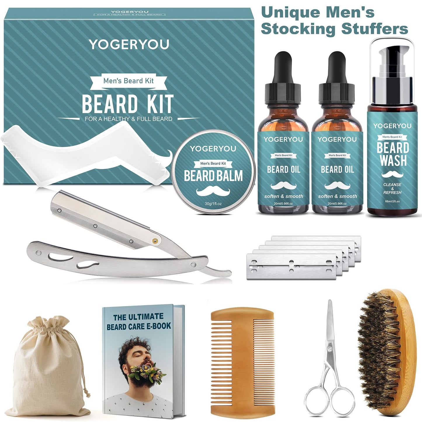 Beard Kit,10-1 Men Gift Set for Fathers Day Dad Gifts W/Straight Razor,Shaping Tool,2 PACK Beard Oil,Moisturize & Soften Mustache,Complete Self Care Beard Trimming Shaving Kit Gift for Husband Him