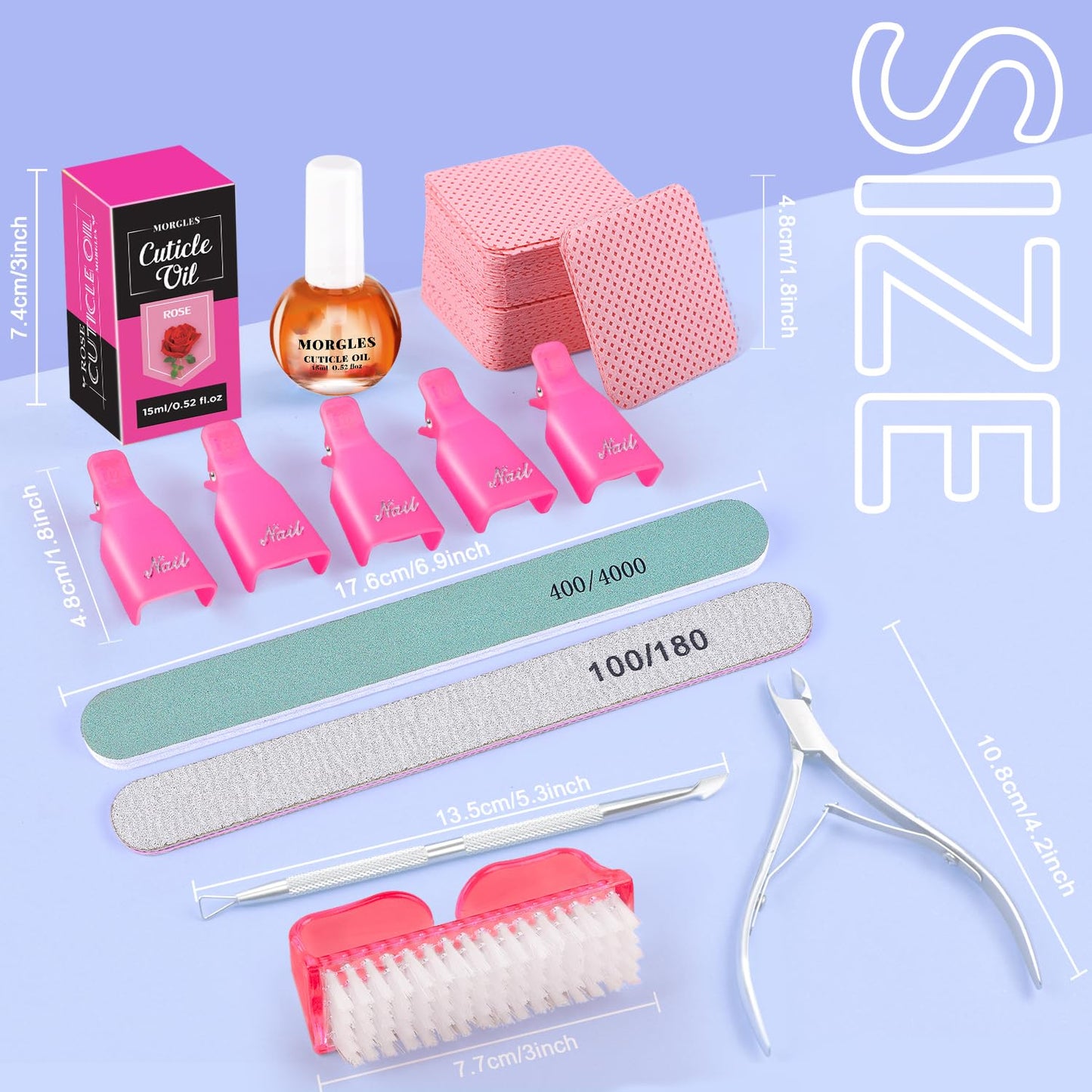 MORGLES Nail Polish Remover Kit with 300 Pcs Lint Free Wipes, Pink Nail Clips with 2 Pcs Files and Buffers, Rose Cuticle Oil, Cuticle Trimmer & Pusher