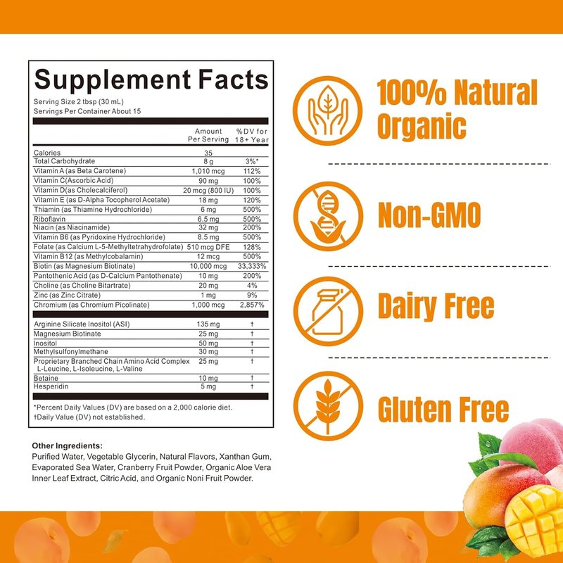 Liquid Multivitamin for Hair Growth - Biotin 10000mcg | Clinically Tested for Thicker Hair & Skin Elasticity | 15.22 Fl Oz