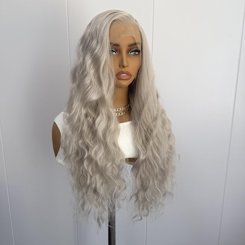 RONGDUOYI Ash Blonde Synthetic Lace Front Wigs for Women Grayish Blonde Long Loose Curly Wig Heat Resistant Fiber Hair 13x4 Frontal Lace Natural Hairline Daily Use Cosplay Wig