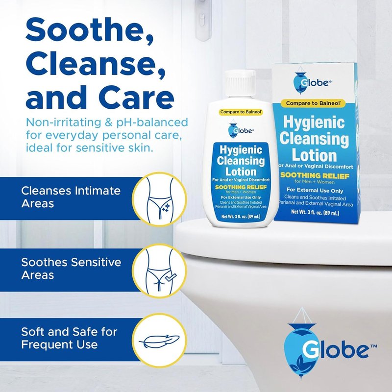 Globe (3 Pack Hygienic Cleansing Lotion for Men and Women -Discomfort, Pain & Itch Relief for Sensitive Areas, Cooling, Non-Irritating Gentle Personal Care Cleanser, Convenient for Travel, 3oz Bottle