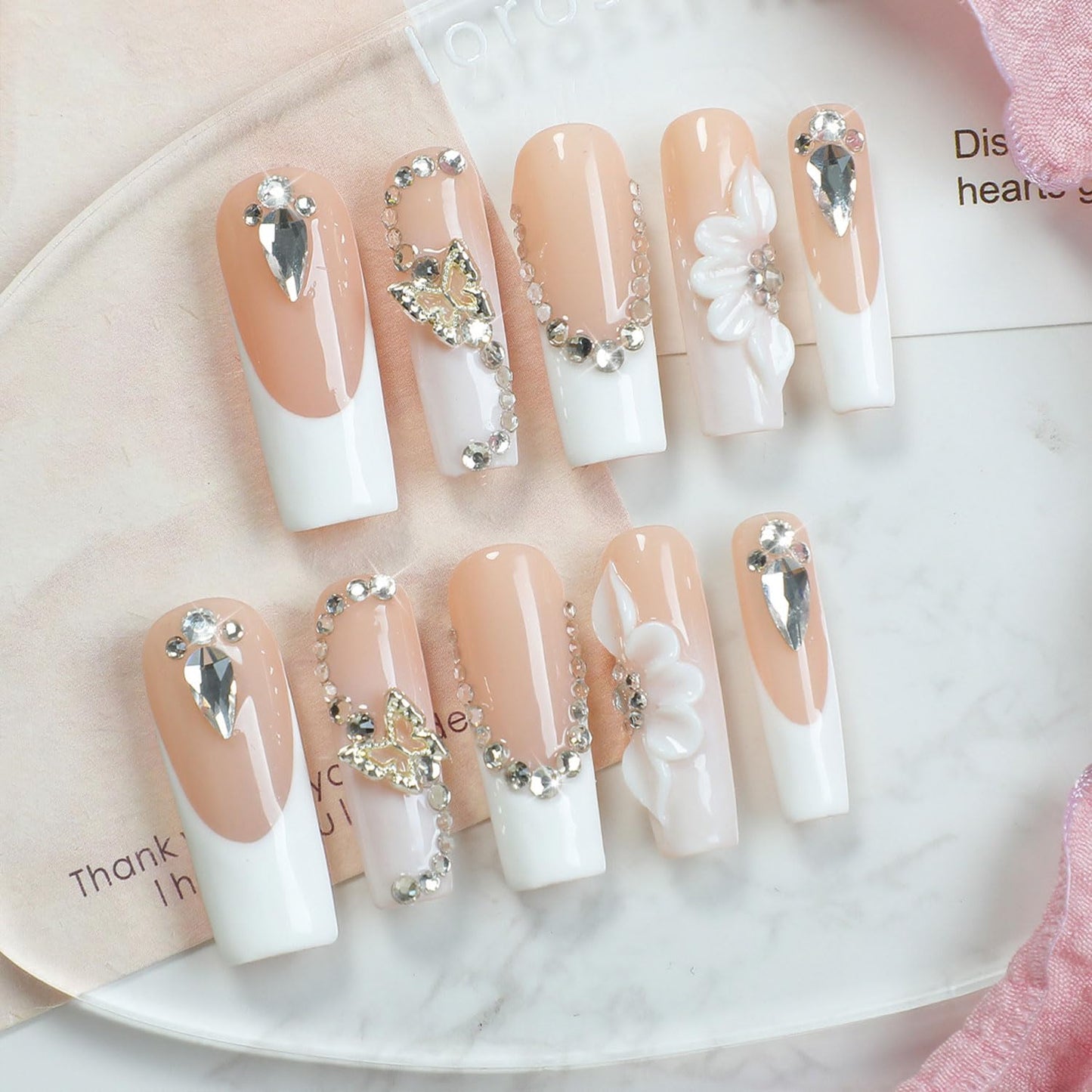 Handmade Press on Nails Long Square Thick Acrylic Nails Tropical Flower Fake Nails,False Nails with 3D Cherry Designs French Tip Reusable Nature Stick on Nail for Wome (Size M)