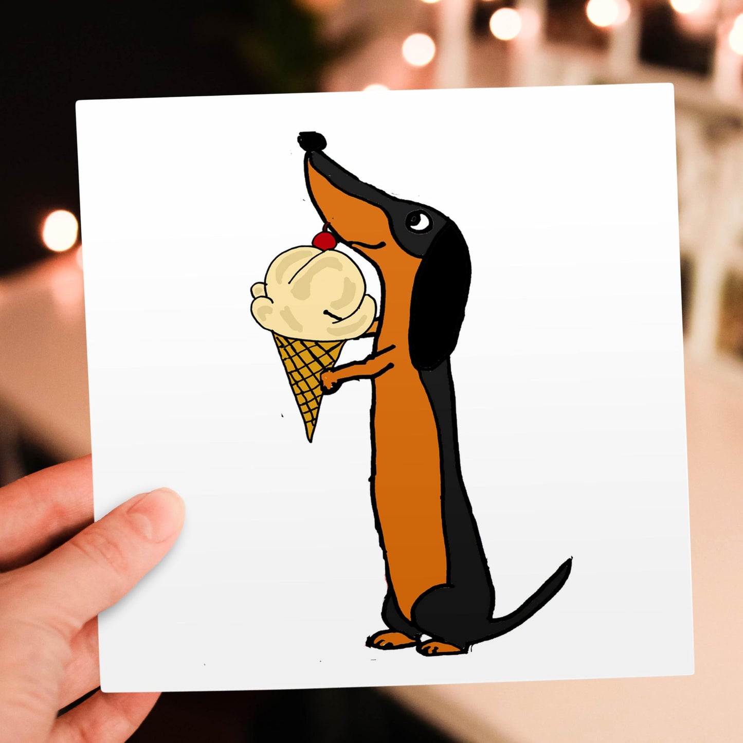 Greeting Card - Funny Cute Dachshund Puppy Dog Eating Ice Cream Cone - Pets