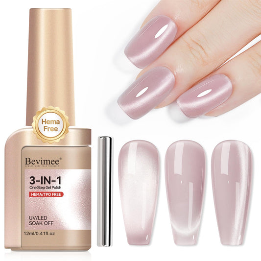Bevimee One Step Gel Polish 3-in-1, Pink Cat Eye Gel Nail Polish With Magnet, HEMA TPO Free Shimmer Magnetic Cateye Gel Polish Soak Off UV Nail Art Design Manicure DIY 12ml
