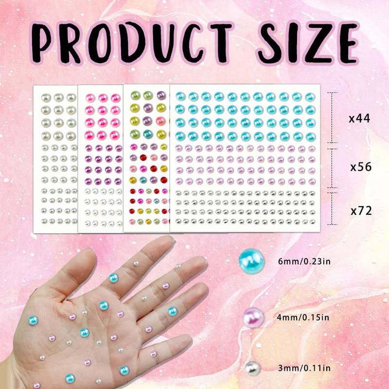 2064 Pcs Pearls for Crafts, Self Adhesive Pearl Stickers 4 Colors 12 Sheets Hair Pearl Stick On for Craft Making